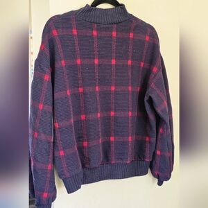 Anthropologie Porridge Bonnie balloon-sleeved sweater navy blue with a red plaid